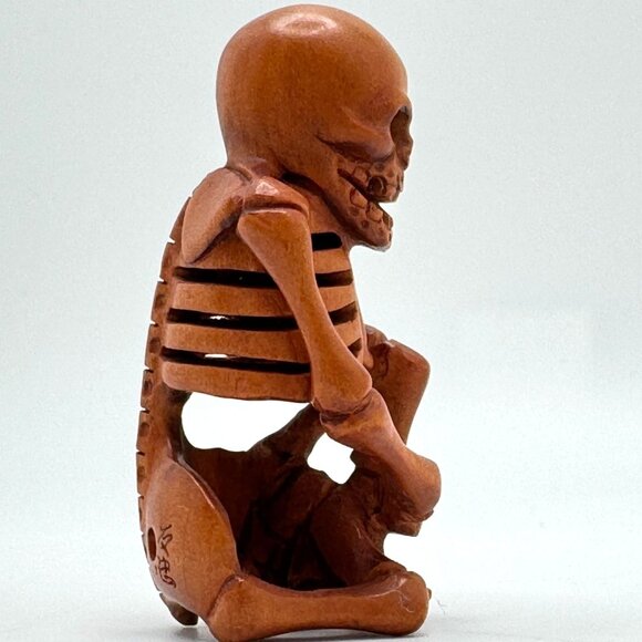 Netsuke Large Skeleton Hand on Head Hardwood Carved Sculpture Japanese Vintage 2 - Picture 6 of 8